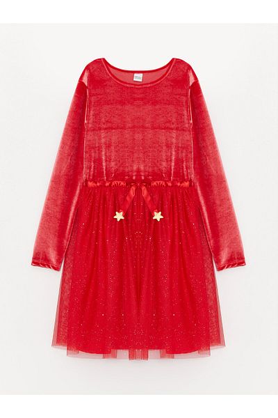 LC Waikiki Crew Neck Long Sleeve Velvet Girls' Dress