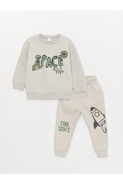 LC Waikiki Crew Neck Printed Sweatshirt and Sweatpants for Baby Boy - Set of 2