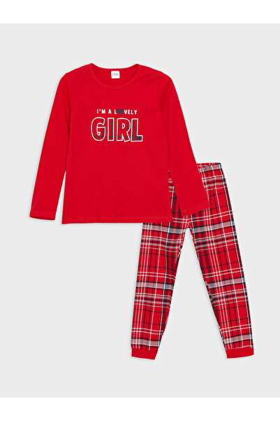 LC Waikiki طاقم الرقبة - طقم بيجامة بناتي مطبوع بأكمام طويلة