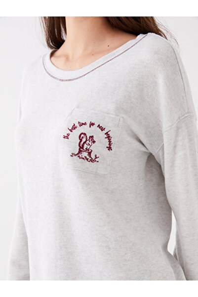 LC Waikiki Bisiklet Yaka Nakışlı Uzun Kollu Polar Kadın Pijama Üst