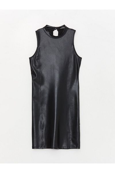 LC Waikiki Rochie de damă cu decolteu rotund cu aspect de piele simplă