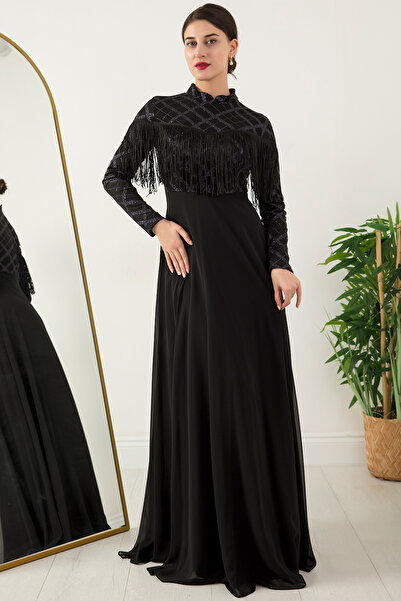 PULLIMM Tasseled Stand Collar Hijab Evening Dress 13058