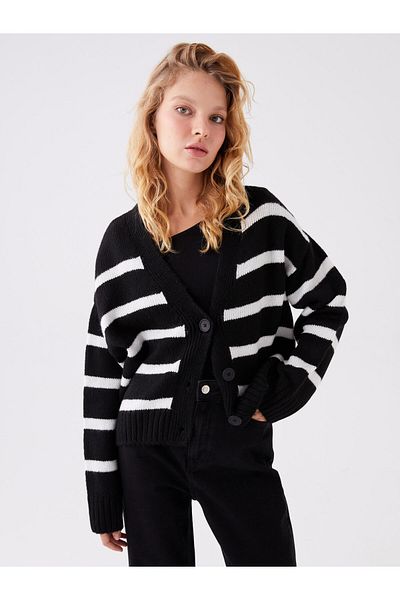 LC Waikiki V-Neck Color Blocked Long Sleeve Women's Knitwear Cardigan