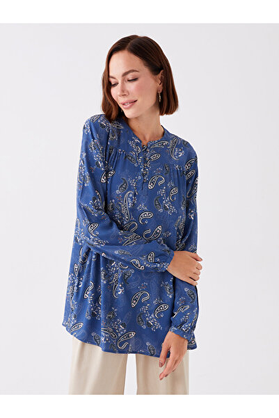 LC Waikiki Gemusterte, langärmlige Damenbluse mit Rundhalsausschnitt