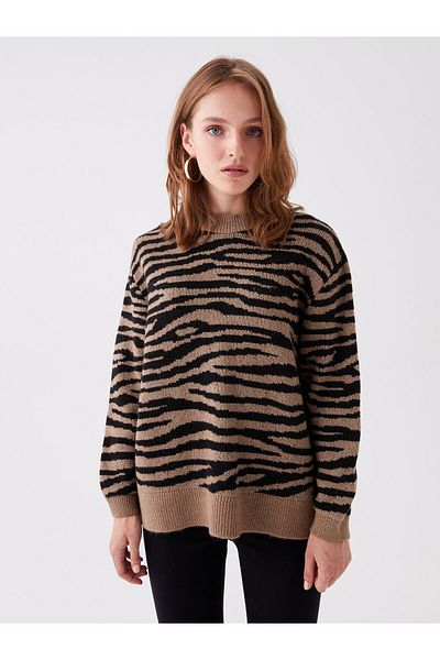 LC Waikiki Oversize dámský pletený svetr s dlouhým rukávem se vzorem Crew Neck