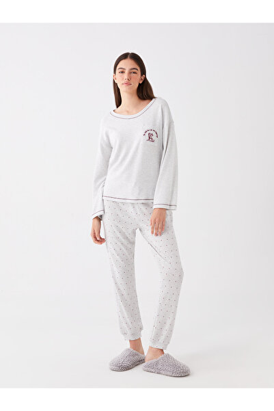LC Waikiki Bisiklet Yaka Nakışlı Uzun Kollu Polar Kadın Pijama Üst