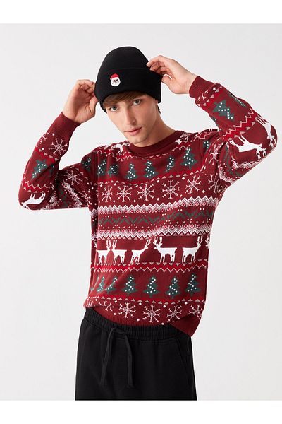 LC Waikiki Langärmliger Herren-Strickpullover mit Rundhalsausschnitt und Neujahrsmotiv