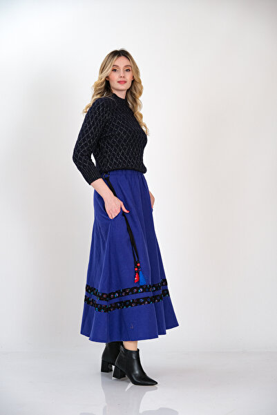 İna Eteği Pazen'den Şeritli Beli Lastikli Özel Tasarım Mavi Renkte Kışlık Uzun Etek