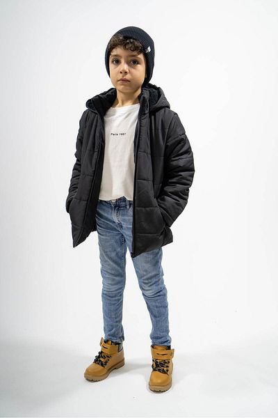 FREE ARSLAN COLLECTİON Black Boy's Coat-Stable Hooded Children's Coat with Plush Fur Fiber Inside