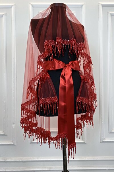 ZEYMERADE طقم حجاب زفاف أحمر، طقم حجاب حناء مطرز بالكريستال 6 قطع