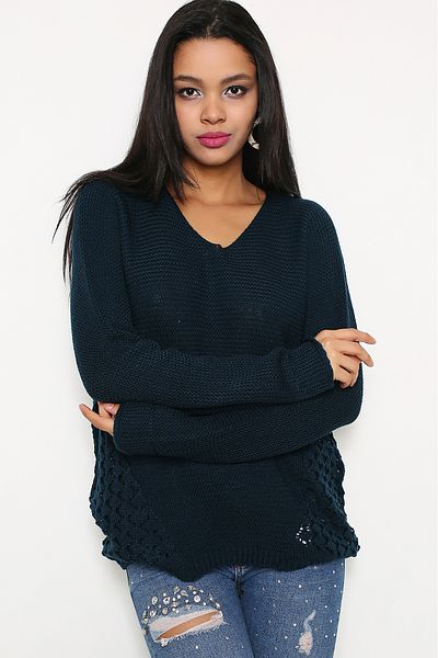 AVORWE Pulover din tricot cu decolteu în V cu detaliu din dantelă pe laterale
