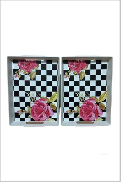 SEDEF LED SHOP Rose Patterned Tray Set of 2 White
