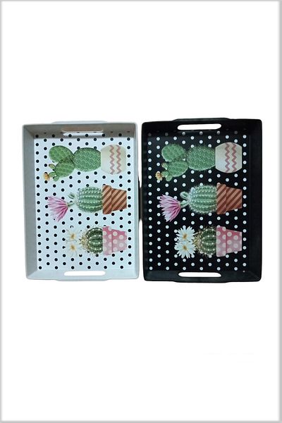 SEDEF LED SHOP New Model Cactus Patterned Tray Set of 2 Black and White