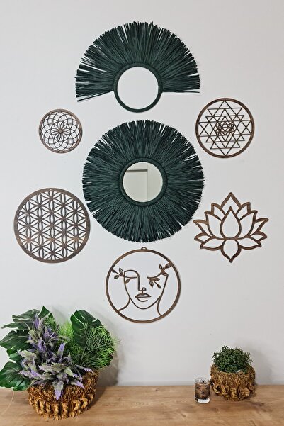 Bubihome Rafya Aynalı Ahşap Duvar Süsü Dev Set 7 Parça