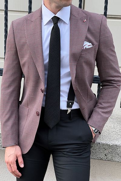 NAZEF Slim Fit Patterned Pointed Collar Bag Pocket Wool Jacket