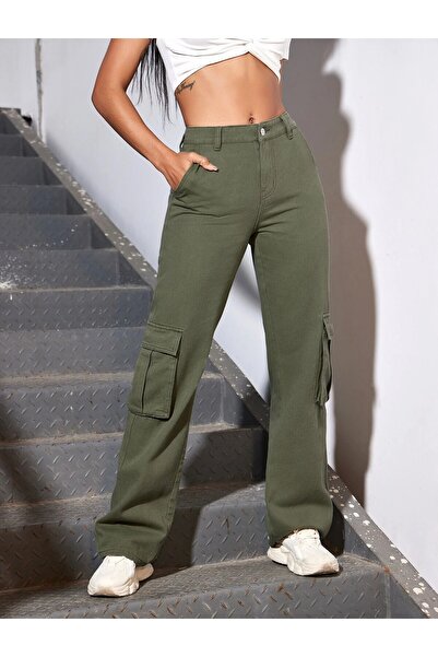 Cuqq Denim Kadın Haki Yeşil Cargo Fit Jeans Yüksek Bel Bol Paça Kargo Cepli K...