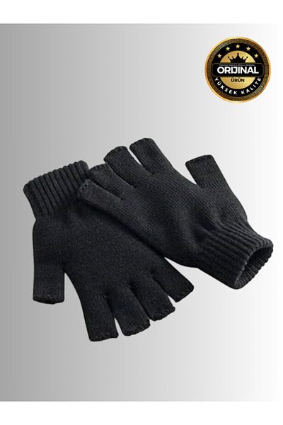 mottomia Black Color Open-Toed Orlon Wool Mixed Winter Gloves Unisex