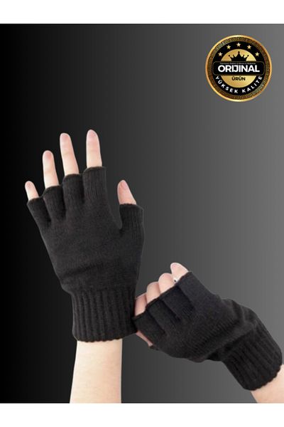 mottomia Black Color Open-Toed Orlon Wool Mixed Winter Gloves Unisex