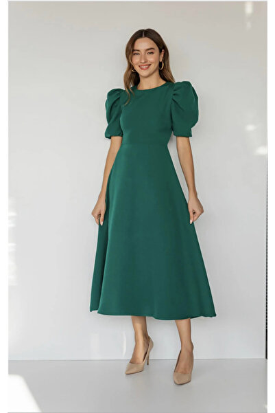 MOODMODA فستان متوسط الطول بأكمام بالون أخضر زمردي من MOOD FASHION