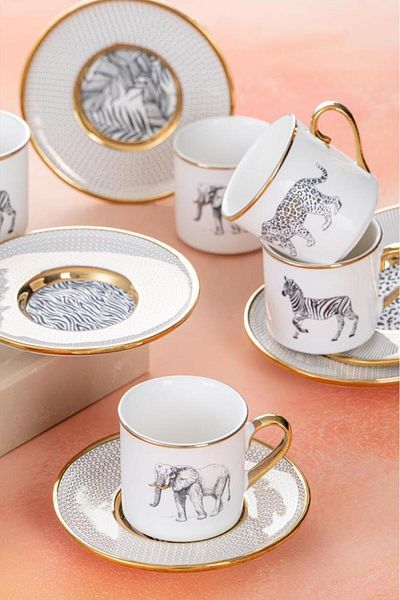 ACAR Tilda Safari Animal 6-Person Porcelain Coffee Cup Set - 90 ml 5119