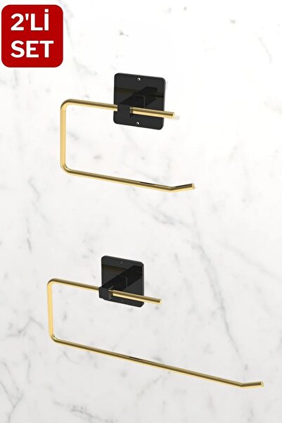 Genel Markalar Yapışkanlı Siyah-Gold Tuvalet Kağıdı Askısı ve Rulo Havluluk, ...