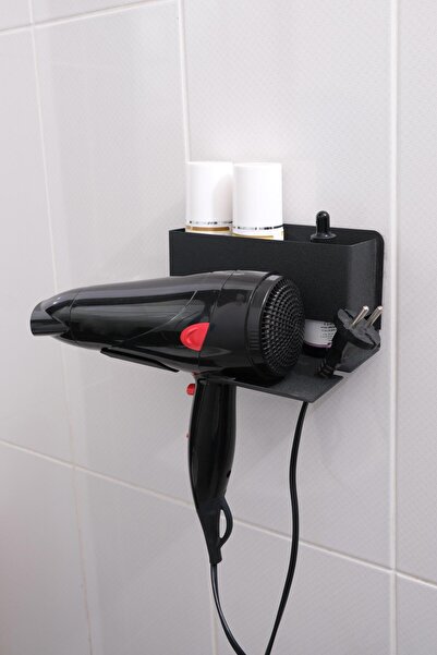risingmaber Siyah Metal Yapışkanlı Saç Kurutma Askısı,yapışkanlı Banyo Düzenleyici Organizer Fön Makinelik Mt83s