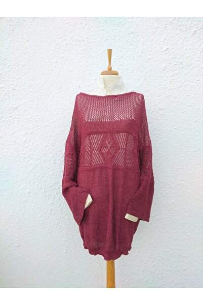 Hippybutik Bordo İnce Floş İp Tasarım Kayık Yaka Tunik Elbise
