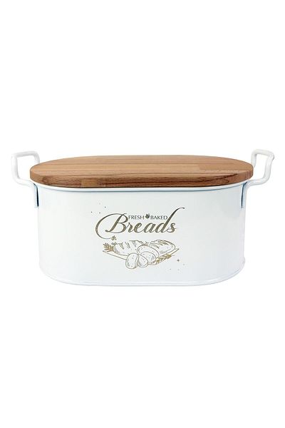 Bestofhome White Wrought Iron Wooden Covered Bread Bowl with Cutting Board