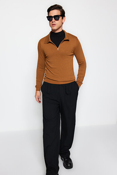 Trendyol Collection Camel Slim Fit Polo Collar Knitwear Sweater TMNAW24KZ00076