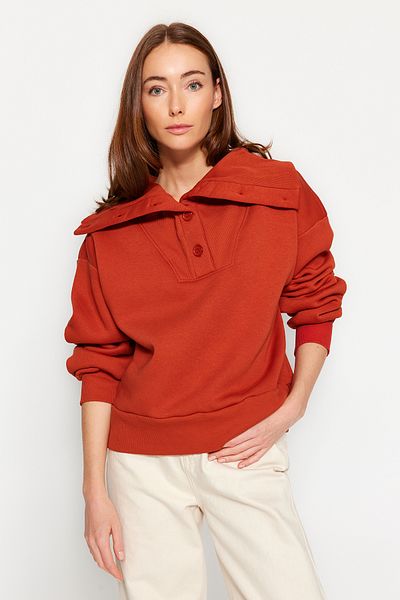 Trendyol Collection Tile Thick Inside Fleece Regular/Regular Fit Knitwear Detailed Stand Collar Knitted Sweatshirt TWOAW24SW00396