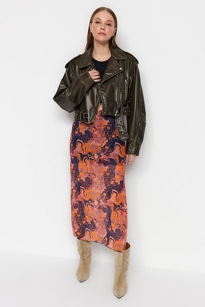 Trendyol Collection Orange gemusterter Maxi-Tüllrock mit Spitzendetail und Stretch-Strick TWOSS23ET00369