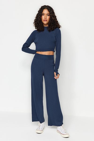 Trendyol Collection Indigo Crop Knitwear Top and Bottom Set TWOAW24AU00033