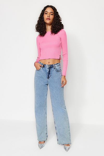 Trendyol Collection Pink Super Crop Heart Accessory Knitwear Sweater TWOAW24KZ01122