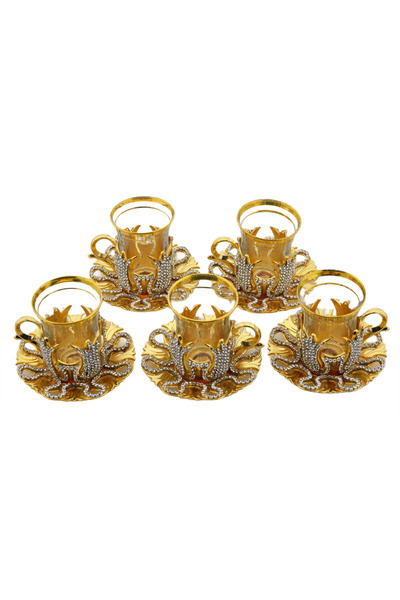HitDukkan Taşlı Altın Renkli 5 Kişilik Dekoratif 15 Parça Çay Seti
