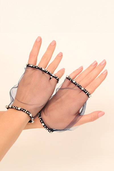 Grace Beauties Parlak Taşlı Lacivert Kısa Tül Eldiven