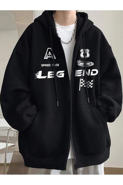 WNWGKN Black Printed Winter Oversize Hooded Cardigan with Zipper Pocket Detail