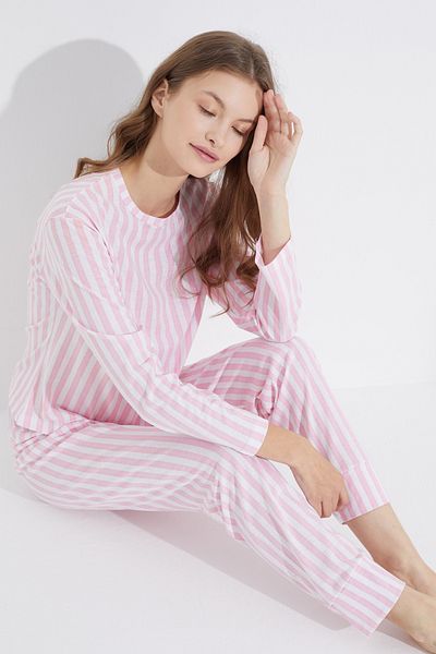 Siyah İnci розово бял комплект плетена пижама Jogger