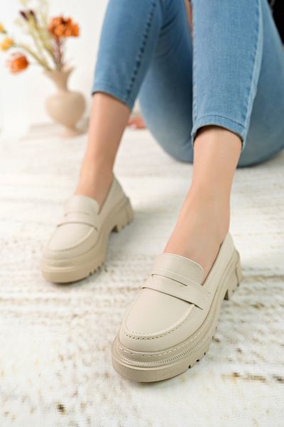 EnZEnes Women's Thick Sole Beige Loafer Loafer Shoes