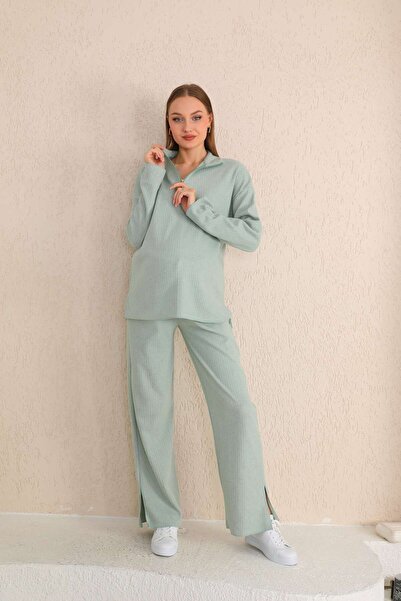 Miss Dünya Lissa Yeşil Fermuar Yakalı Yumoş Kumaş Hamile ve Lohusa Eşofman Takımı