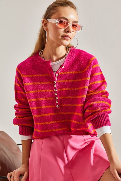 Bianco Lucci Women's Buttoned Collar Turtleneck Striped Knitwear Sweater