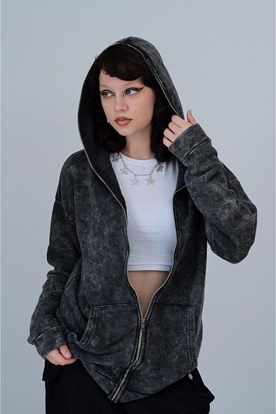 Touz Vintage Washed Full Zip Detail Unisex Oversize Hooded Cardigan
