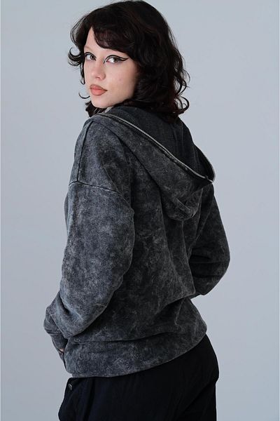 Touz Vintage Washed Full Zip Detail Unisex Oversize Hooded Cardigan