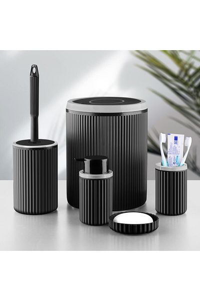 Kavi Entegre Plastik Round 5 Piece Bathroom SetTrash Can, Liquid Soap Dispenser, External Brush Holder, Solid Soap Dispenser, WC Brush