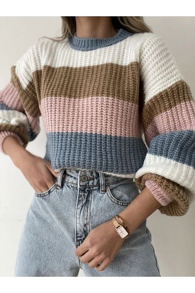 De Pose Pulover Crop cu dungi Ecru Vole172128