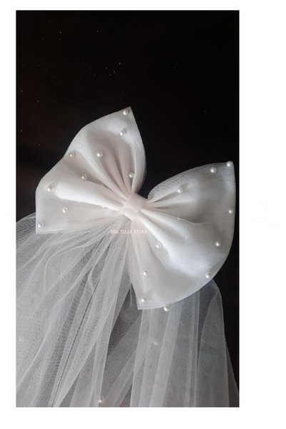 BBA TULLE STORE Gelin Duvağı,gelinlik Aksesuarı Nikah ,incili Gelin Duvak 50cm,Çift Katlı Fiyonku Nikah Vualet