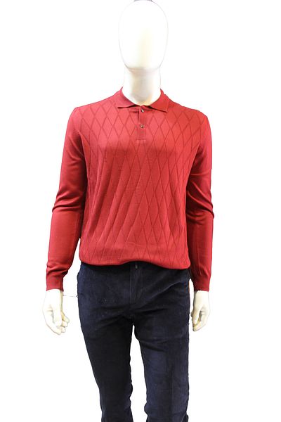 Diandor Men's Thin Soft Polo Neck Diamond Patterned Sweater Red