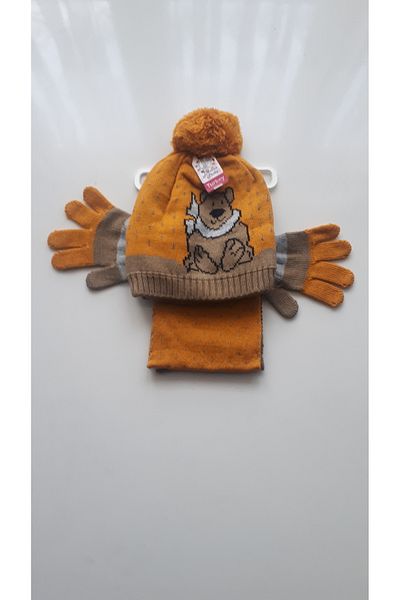 Demas Triko Girl's Mustard Yellow 3-Piece Teddy Bear Patterned Beanie Scarf Gloves Set