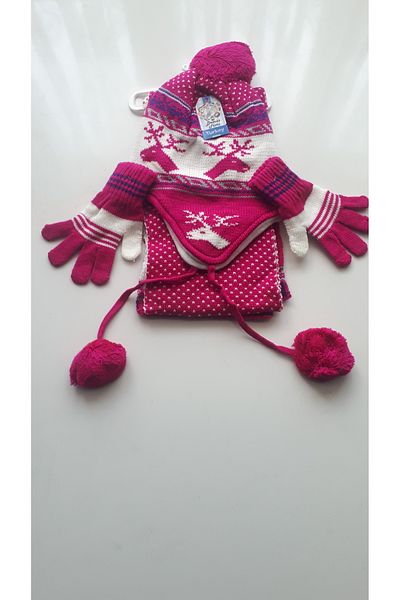 Demas Triko Demas Girl's Fuchsia 3-Piece Deer Patterned Beanie Scarf Gloves Set
