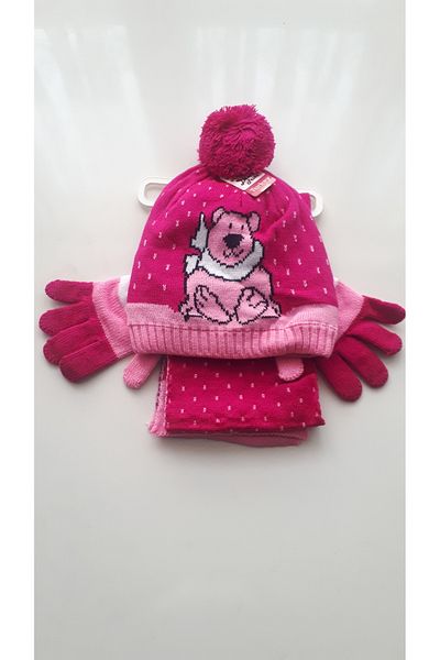 Demas Triko Demas Girl's Fuchsia 3-Piece Teddy Bear Patterned Beanie Scarf Gloves Set