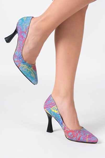 Ayakkabı Podyumum "خنجر" جينز أزرق داكن مخطط - حذاء نسائي بكعب متوسط